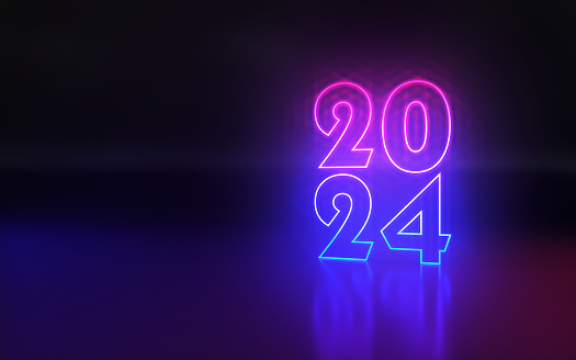 3d Render Glow in the Dark New Year 2024, Neon Light Colorful Concepts