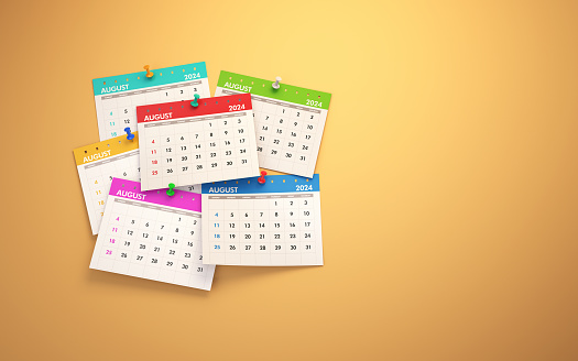 3d render August 2024 Colored Calendars On Yellow Wall, Colorful Pushpins, Can be used for reminder day, special day concept (Close-Up)