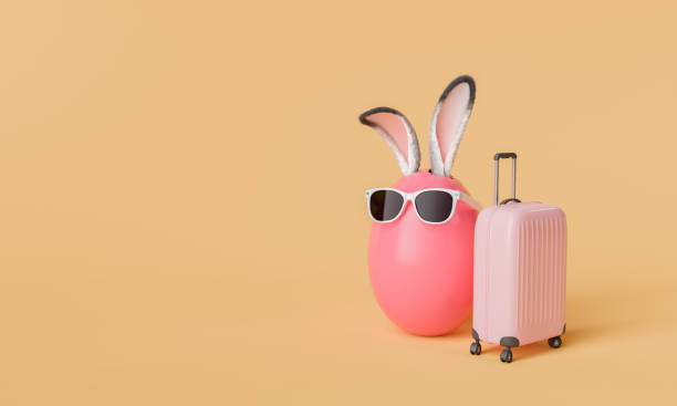 istock Stylized Easter Egg with Bunny Ears and Sunglasses Next to Suitcase 1854480537