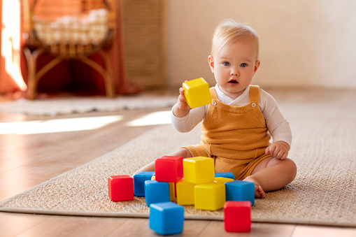 Developmental Toys Concept. Cute Infant Baby Playing With Colorful Building Blocks At Home, Adorable Little Boy Or Girl Wearing Bodysuit Sitting On Carpet In Living Room, Copy Space