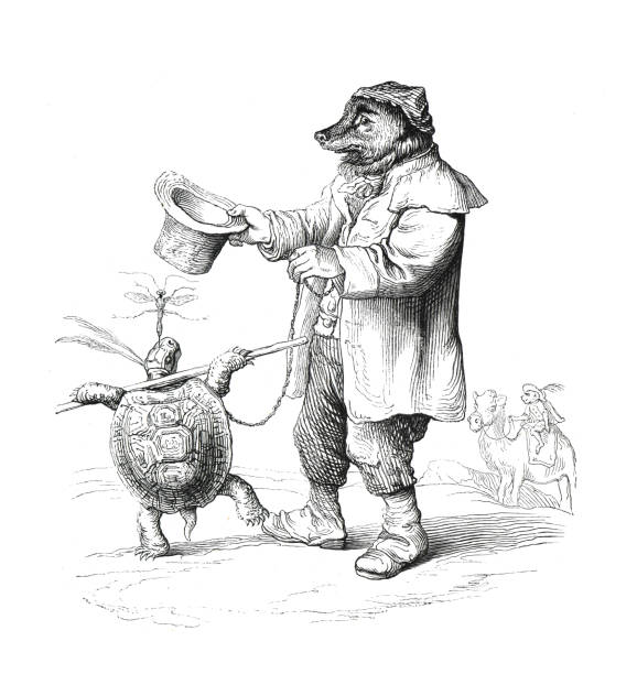 Anthropomorphic dog and turtle. humanized dog. Snake Charmer is a dog that makes a turtle dance on a string . CRISPR. cas9. Vintage humanized cyborg animals. hand drawn engraved vintage humanized illustration. Anthropomorphic animals. Alien dog. No AI