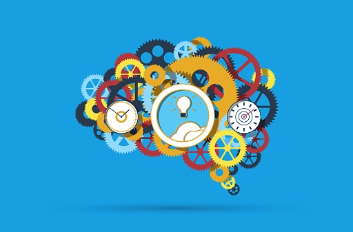 Brain made of clock gears. Imagination, creativity, brainstorming concept. Vector illustration.