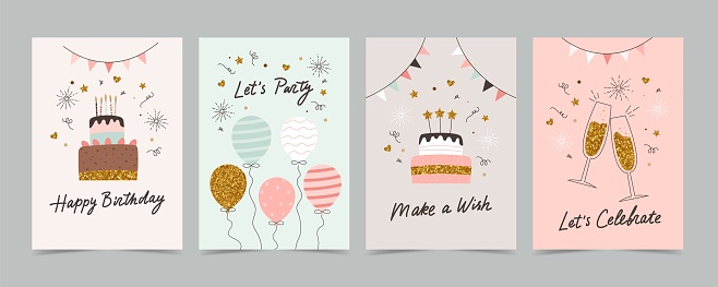Happy birthday card set with cake, balloons and calligraphy. Cute and elegant vector illustration templates simple style