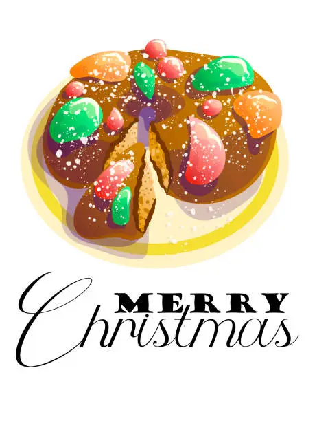 Vector illustration of Traditional Portuguese Christmas cake Bolo Rey, Illustration in a flat cartoon style. Holiday card with the inscription Merry Christmas.  Desserts of Portugal.