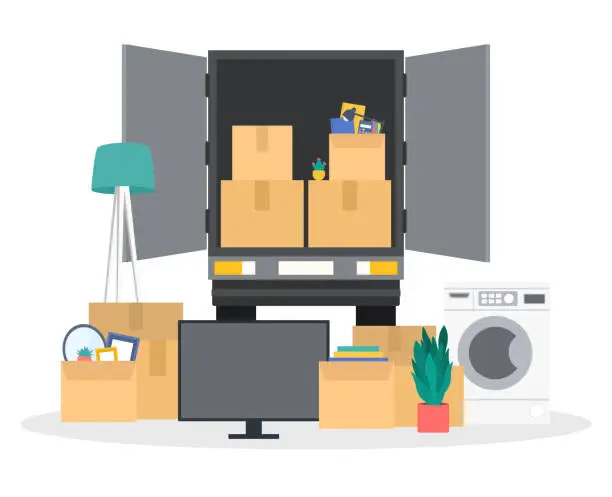 Vector illustration of Rear View Of Moving Truck. Cardboard Boxes And House Stuffs Inside And Outside The Truck. Moving To New House