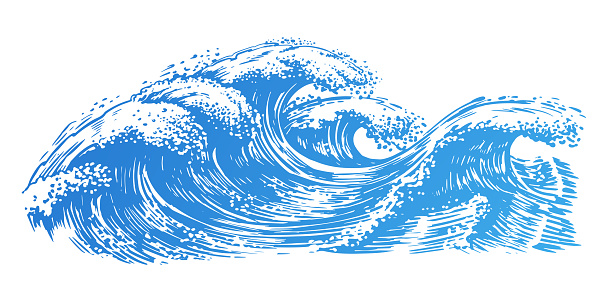 Ocean and sea waves, sketch. Surf wave, hand drawn vector illustration