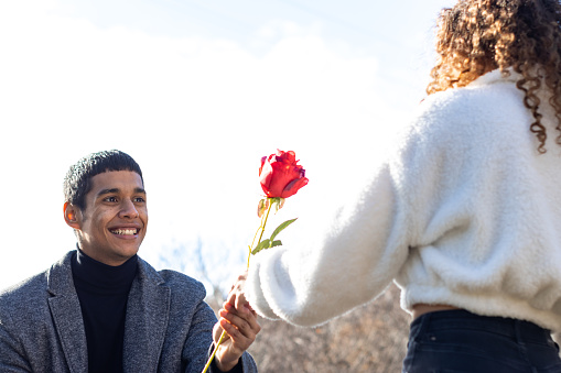 Rear voe of woman in love giving a rose to her boyfriend. Smiling girl in love giving a rose to her boyfriend outdoors