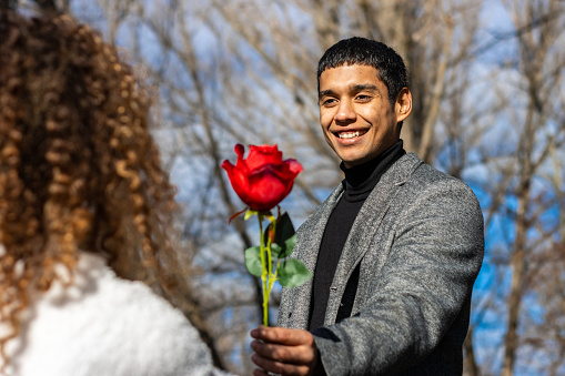 Man in love giving a rose to his girlfriend. Smiling guy in love giving a rose to his girlfriend outdoors