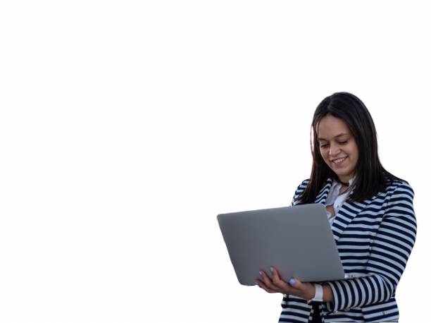istock Business woman working online on a laptop computer. isolated on white background 1854575479