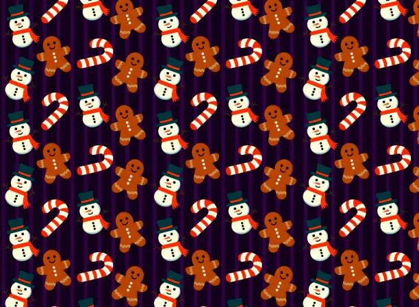 Vector illustration of Christmas theme pattern, background, with Christmas items, snowman, candy cane and Christmas cookie and Gingerbread