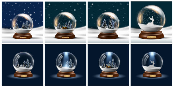 illustrations, cliparts, dessins animés et icônes de ensemble de boule à neige en verre sur design décoratif de noël bleu - snow globe dome glass transparent