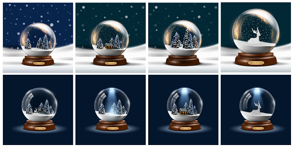 Set of Glass snow globe on blue Christmas decorative design. Podium under transparent glass dome, Xmas round scene