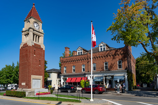 Street scenes in Niagara on the Lake, Ontario, Canada.  This is the clock tower in the centre of the main street.