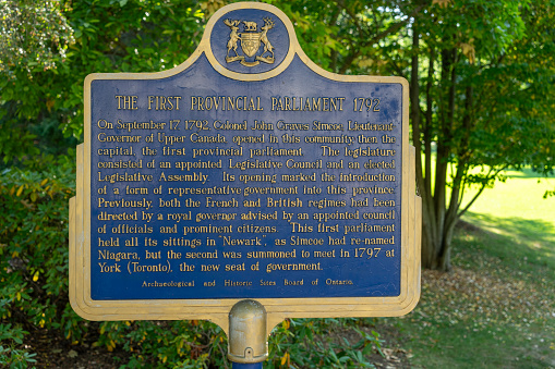 An information sign in Niagara on the Lake, Ontario, Canada. It is about the first provincial parliament set up in 1792.