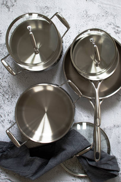 istock Set of stainless pots with lids 1854611816