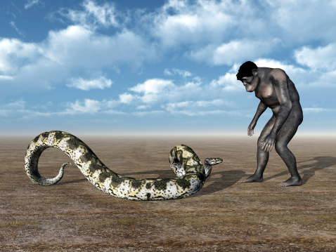 Computer generated 3D illustration with Homo Habilis and Boa Constrictor