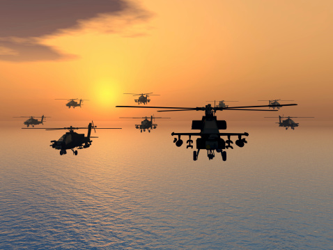 Computer generated 3D illustration with Modern Combat Helicopters at sunset