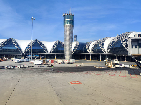 Air Traffic control tower at Suvarnabhumi International airport, the main airport in Bangkok, Thailand