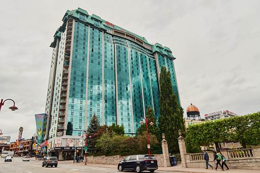 Niagara Falls City, Ontario, Canada. The Sheraton Fallsview Hotel located in Clifton Hill, close to Niagara Falls was built in 1966