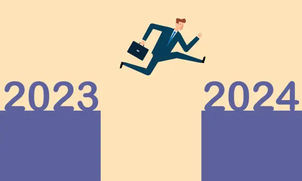 Vector illustration of Businessman jumping from 2023 to 2024
