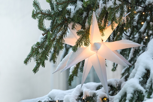 Illuminated white Moravian star (German Herrnhuter Stern) hanging in a snow covered Christmas fir tree as festive holiday decoration, copy space, selected focus, narrow depth of field
