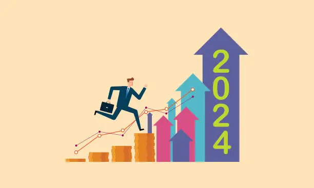 Vector illustration of Businessman climbing on top of of stacking coins money in 2024