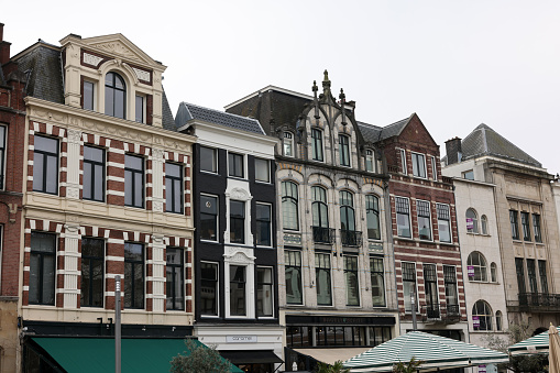 The Hague, Netherlands - April 17, 2023: Traditional Buildings at De Plaats, one of the squares in The Hague