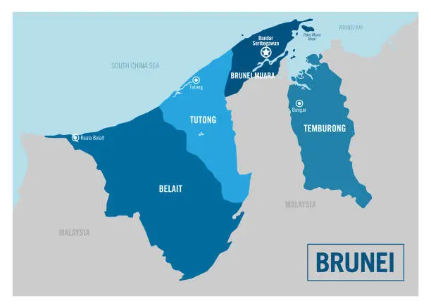 Vector illustration of Brunei country political map. Detailed vector illustration with isolated provinces, departments, regions, cities, islands and states easy to ungroup.