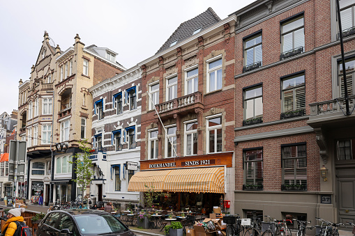The Hague, Netherlands - April 17, 2023: Noordeinde - an elegant shopping street in The Hague, the Netherlands