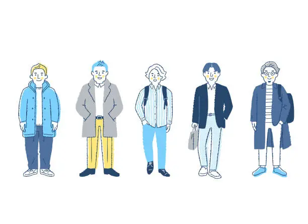 Vector illustration of 5 various men whole body