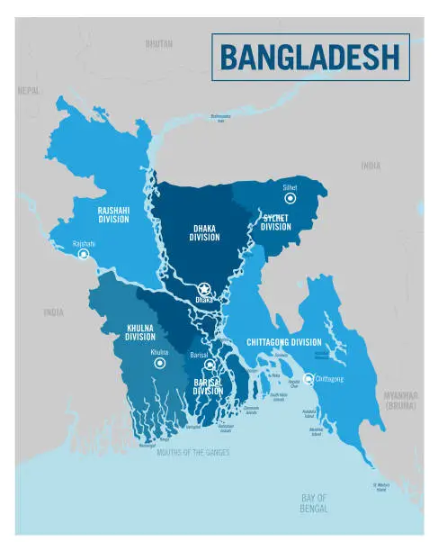 Vector illustration of Bangladesh country political map. Detailed vector illustration with isolated provinces, departments, regions, cities, islands and states easy to ungroup.