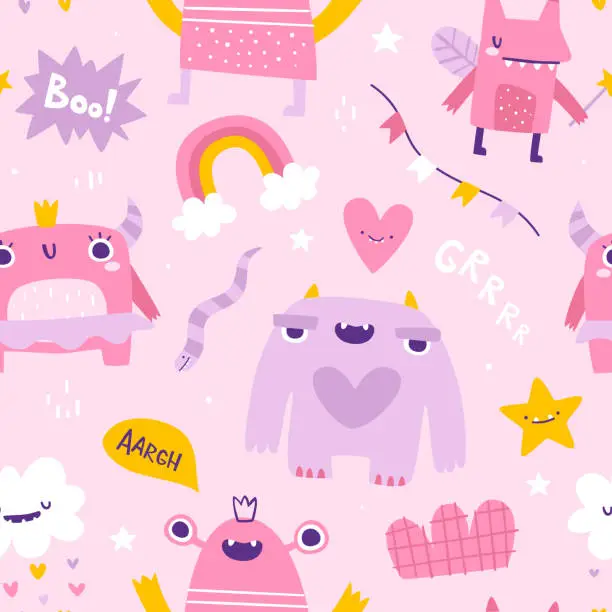 Vector illustration of Cute girly pattern with funny pink monsters. Seamless vector print with abstract monster girls for baby fabric.