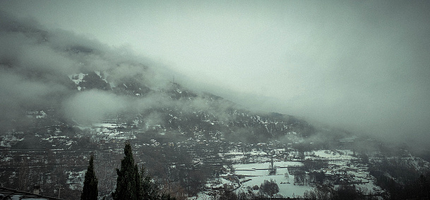 snowy landscapes of the Mont Blanc mountain range in the Aosta Valley in December 2023