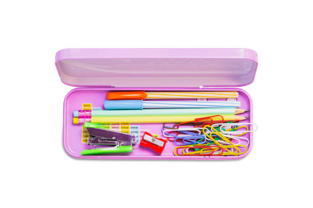 box for school supplies on white background