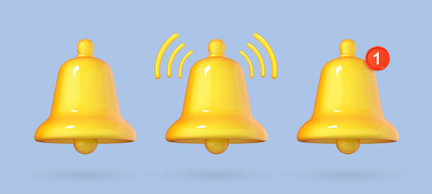 istock 3D notification bell icon isolated on blue background.  Yellow ringing bell with new notification for social media reminder. 3d cartoon vector illustration. 1854680326
