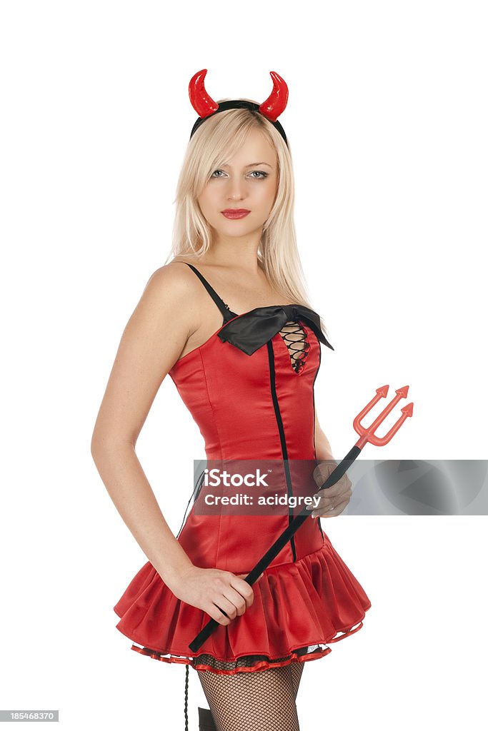 Bella bionda indossa un costume da diavolo - Foto stock royalty-free di Halloween