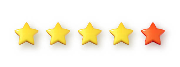 istock Five stars, glossy yellow and red colors. The evaluation of visitors. Quality level, good service. Best customer rating. Feedback concept. Vector 3d illustration 1854686811