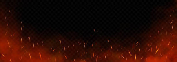vektorrotes feuer sprüht funken in die höhe. brennende glühende partikel. feuerflamme mit isolierten funken auf schwarzem, transparentem hintergrund. - campfire coal burning flame stock-grafiken, -clipart, -cartoons und -symbole