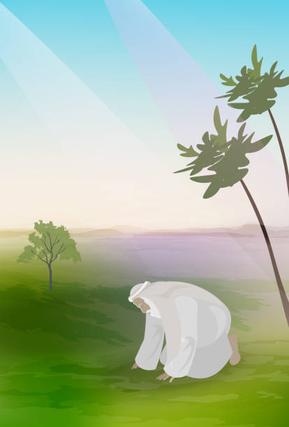 Biblical vector illustration. Genesis 17:17. Abraham fell facedown; he laughed and said to himself, Will a son be born to a man a hundred years old? Will Sarah bear a child at the age of ninety? father abraham stock illustrations