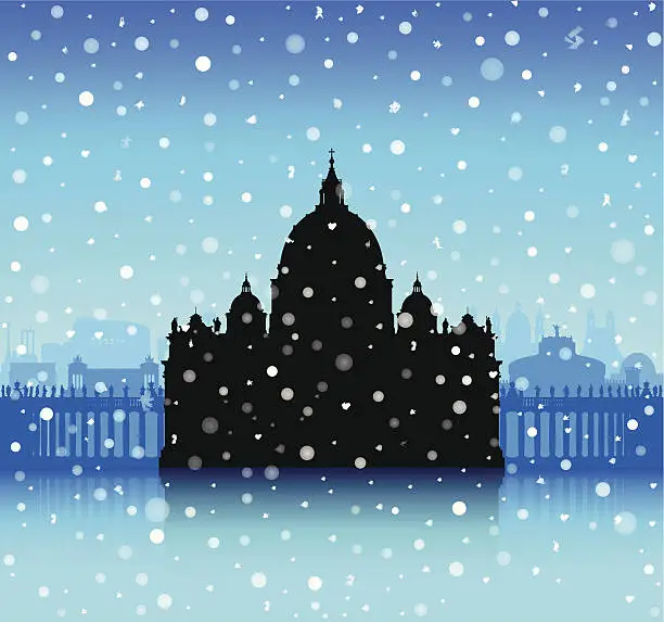 Vector illustration of Snowy Saint Peter's Basilica, The Vatican