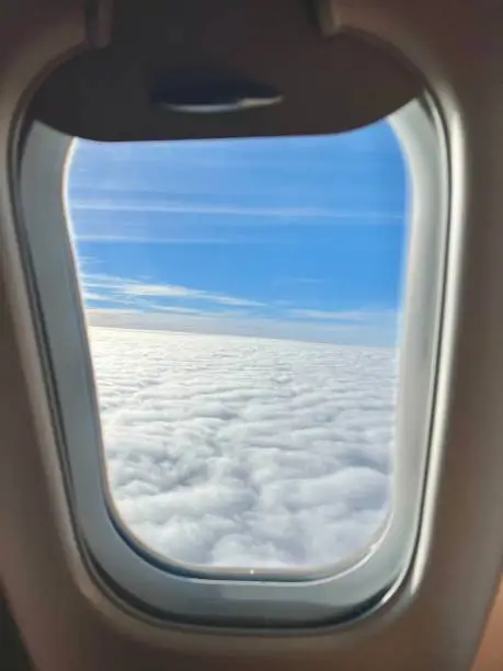 Photo of Airplane window. Cloudy day