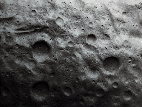 Orbital image of the cratered surface of the moon. Alien satellite landscape. Impact craters on a rocky surface.