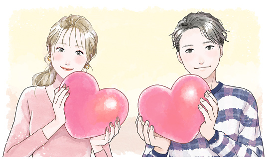 Eye-Catching Image of a Couple Holding Hearts - Watercolor Style.