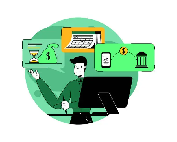 Vector illustration of Man looking at monitor and showing information about mortgage loan