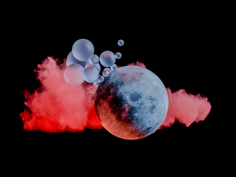 Black Background with Floating Moon, Frosted Transparent Spheres, and Red Smoke for Background Image