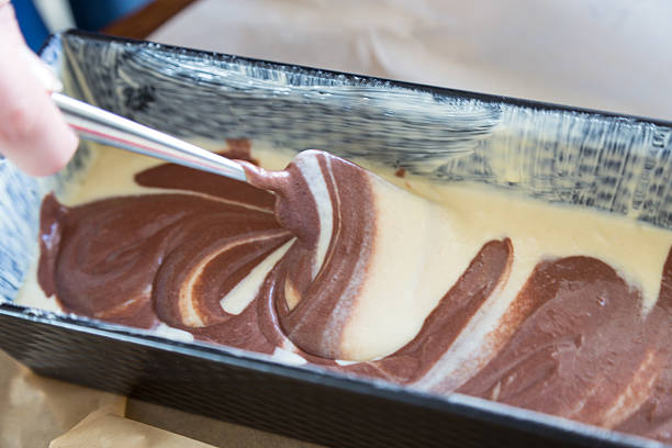 Chocolate on cake in baking dish