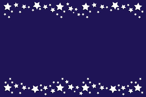 Vector rectangular festive dark blue background - winter banner with a frame with a stripe of white volumetric stars at the bottom and top and a place for text