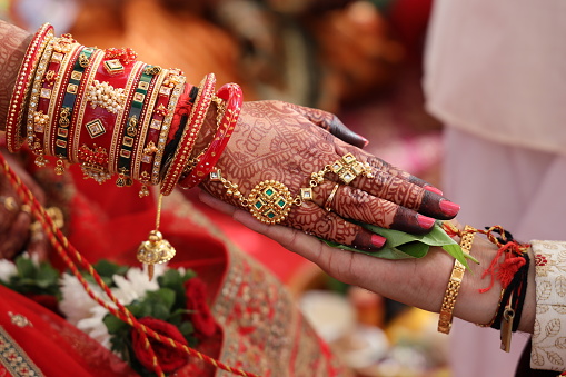 Bride Groom Indian Wedding Rituals Hindu Culture Hast Melap closeup shot, Indian Wedding Bride and Groom Hast Melap Tradition