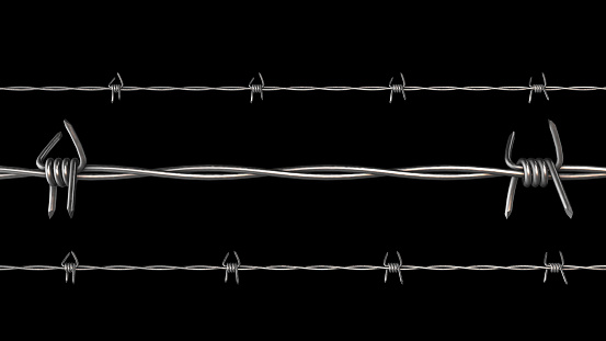 An image of barbed wire isolated against a dark background. The barbed wire is depicted with sharp and twisted metal strands, creating a stark and ominous contrast against the dark backdrop. The dark background enhances the harsh and industrial nature of the barbed wire, giving it a menacing appearance. The wires are silhouetted against the darkness, highlighting their sharp points and the rugged texture of the material. This kind of imagery is often associated with security, confinement, or a sense of danger.