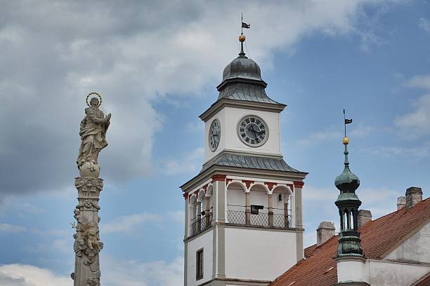 istock Marian column with Old Town Hall in Trebon, Czech republic 185474979